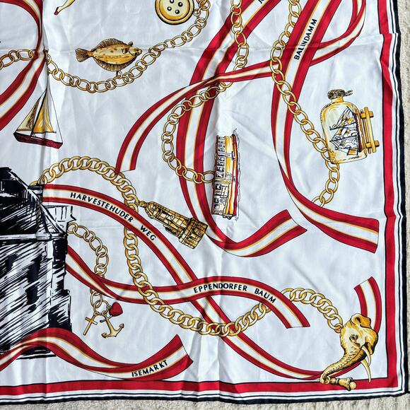 Silk scarf tourist souvenir red black white gold chain landmarks motif Europe - Picture 5 of 11